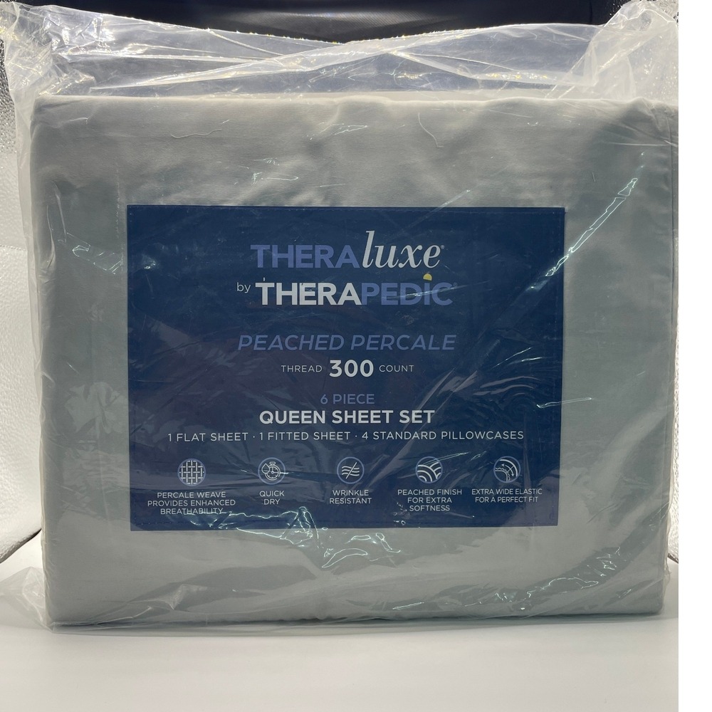 TheraLuxe by Therapedic Sheet Set Queen Grey NEW 6 Piece Peached Percale 300TC
